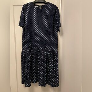 VINTAGE Navy with White Polka Dots Dress with Pleated Bottom